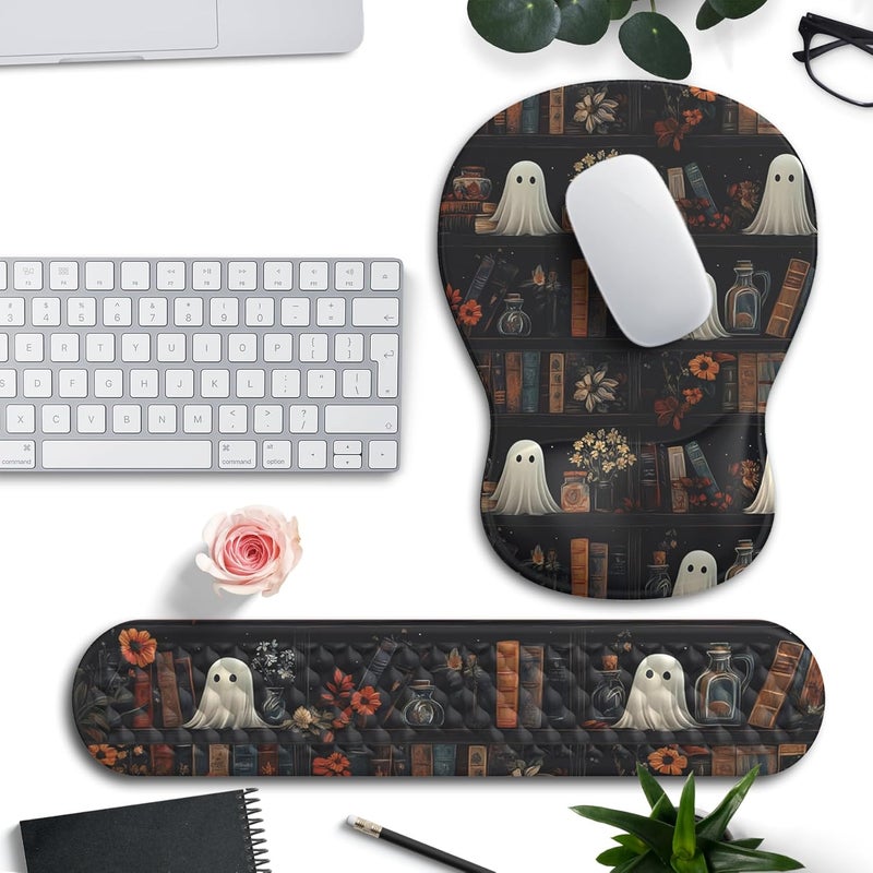 Mechanical Cattle Ghost Book Mousepad with Wrist Rest Halloween Computer Keyboard Mouse Pad Black Cute, Mouse Pad with Wrist Rest for Computer Keyboard, 2 In1 Mousepad with Wrist Support Easy Typing&Relieve Wrist Pai - Image 1